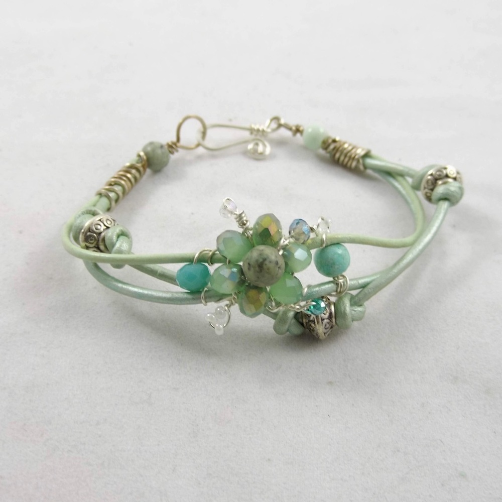 Hand crafted leather cord and crystal bracelet